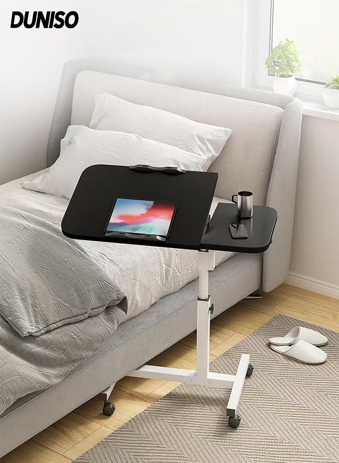 DUNISO C Shaped Side Table with 4 Castor Wheels Metal Frame Bed Couch End Table Laptop Holder Table 360 Degree Rotating Folding Panel Adjustable Height Bedside Table Double Plate Design Space Saving Multi Functional Narrow End Table for Living Room Sofa Couch Bedroom - Image 1