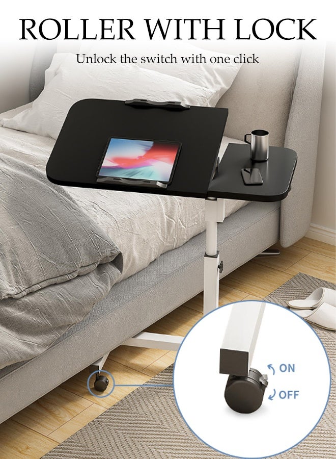 DUNISO C Shaped Side Table with 4 Castor Wheels Metal Frame Bed Couch End Table Laptop Holder Table 360 Degree Rotating Folding Panel Adjustable Height Bedside Table Double Plate Design Space Saving Multi Functional Narrow End Table for Living Room Sofa Couch Bedroom - Image 3