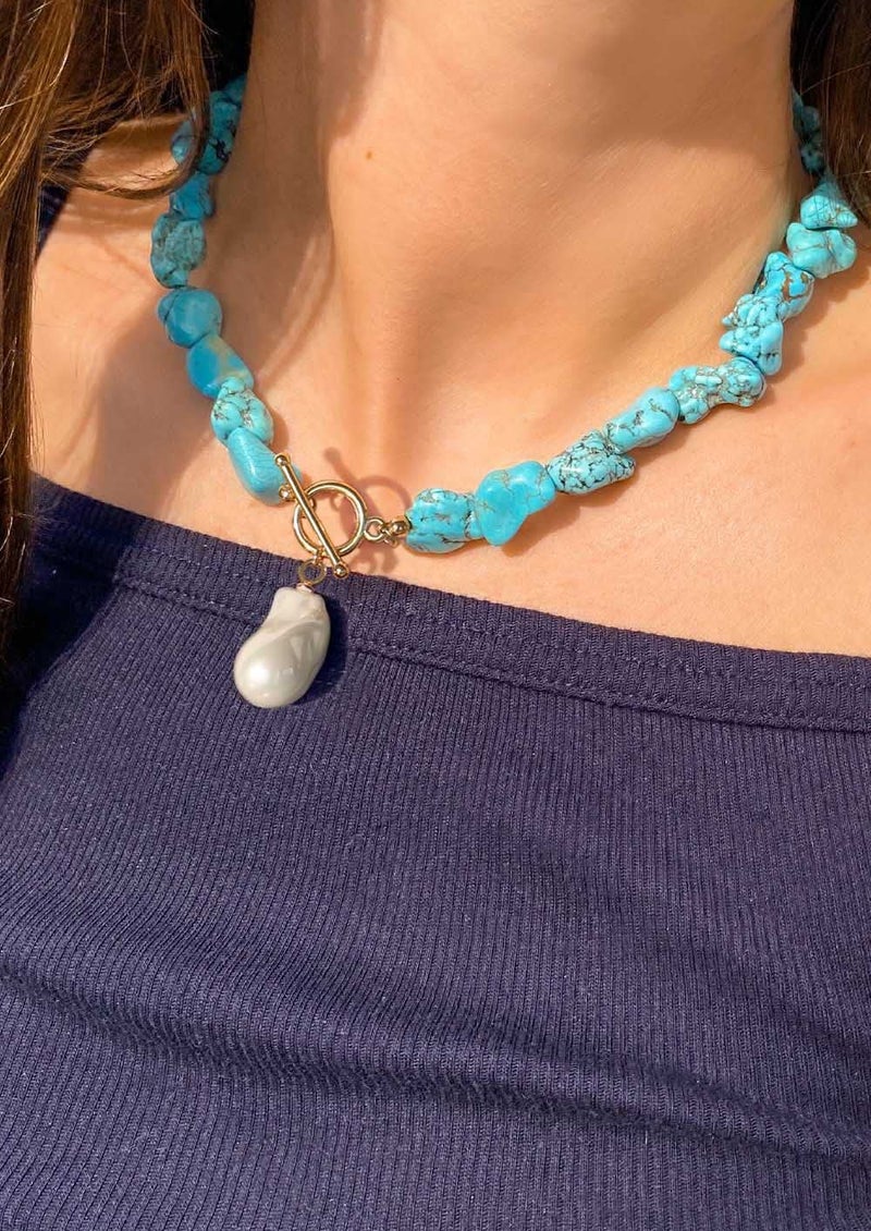 POTESSA Natural Turquoise Necklaces for Women Bohemian Beaded 18k Gold Toggle Baroque Pearl Pendant Necklace - Image 4