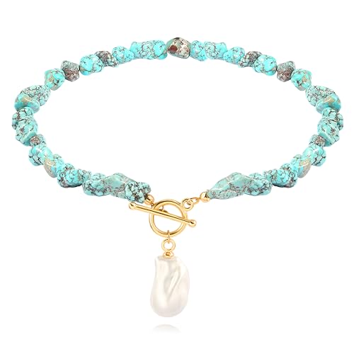 POTESSA Natural Turquoise Necklaces for Women Bohemian Beaded 18k Gold Toggle Baroque Pearl Pendant Necklace - Image 1