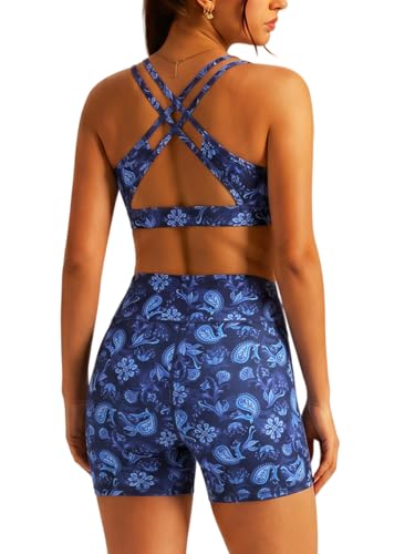 ABOCIW Floral Print Workout Sets for Women 2 Piece Cross Scoop Neck Back Sports Bra Matching Tummy Control High Waits Biker Shorts Yoga Pilates Outfits Athletic Active Wear Navy Small - Image 1