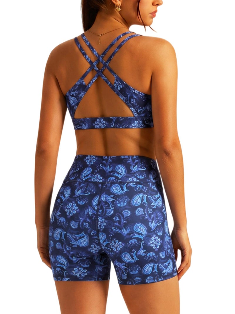 ABOCIW Floral Print Workout Sets for Women 2 Piece Cross Scoop Neck Back Sports Bra Matching Tummy Control High Waits Biker Shorts Yoga Pilates Outfits Athletic Active Wear Navy Small - Image 2