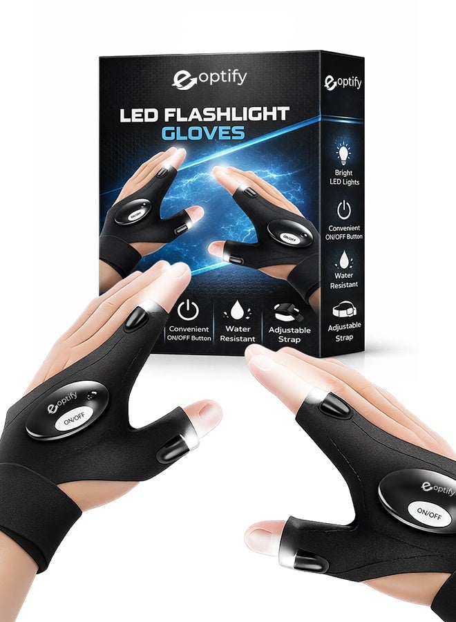 قفازات مصباح LED للاستخدام الداخلي والخارجي - قفاز بحجم عالمي مع ضوء LED للصيد وأعمال السيارات، قفازات تخييم مقاومة للماء مع مصباح، هدية لعشاق المغامرات من الرجال والنساء