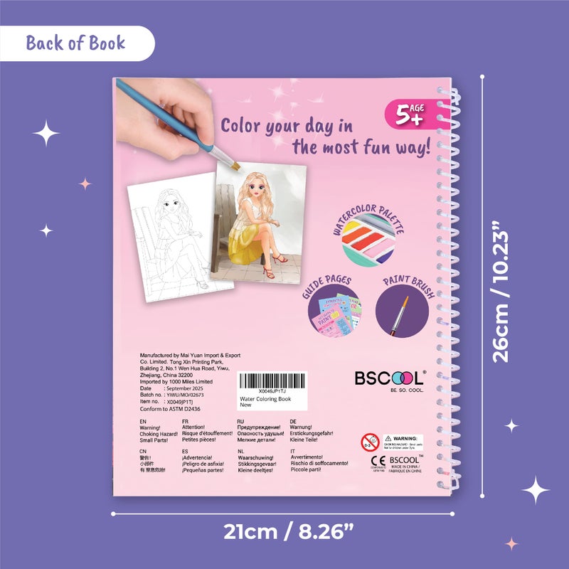 BSCOOL Water Coloring Book for Beginners â€“ Painting Kits for Kids Ages 5 and up. Watercolor Book with 12 Paint Palettes, 1 Brush, and Guides. Fashion Painting for Girls with 15 Pre-Drawn Models. - Image 2