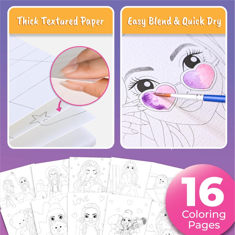 BSCOOL Water Coloring Book for Beginners â€“ Painting Kits for Kids Ages 5 and up. Watercolor Book with 12 Paint Palettes, 1 Brush, and Guides. Fashion Painting for Girls with 15 Pre-Drawn Models. - Image 5