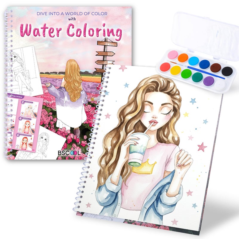 BSCOOL Water Coloring Book for Beginners â€“ Painting Kits for Kids Ages 5 and up. Watercolor Book with 12 Paint Palettes, 1 Brush, and Guides. Fashion Painting for Girls with 15 Pre-Drawn Models. - Image 1