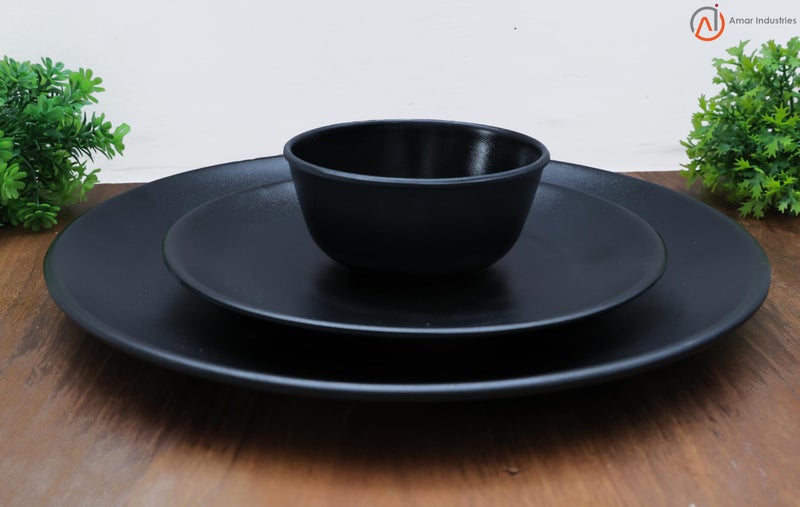 Amar Industries Melamine Dinner Set, Elegant, Unabreakable, Matte Black Spiral Design, Full Plates, Half Plates with Bowl (Set of 3) - Image 2