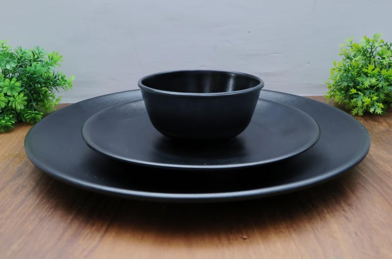 Amar Industries Melamine Dinner Set, Elegant, Unabreakable, Matte Black Spiral Design, Full Plates, Half Plates with Bowl (Set of 3) - Image 1