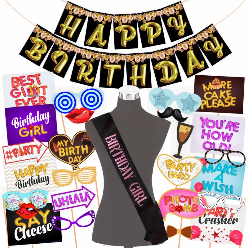 Wobbox Birthday Props, Party Props for Birthday, Birthday Photo Props, Birthday Banner, Happy Birthday Banner, Sash for Birthday, Happy Birthday Sash,Birthday Decoration Kit (28 Pcs) (Combo -FP4109) - Image 1