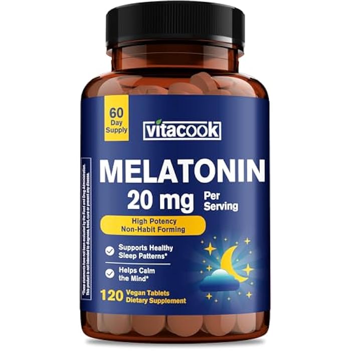 Vitacook Melatonin 20mg Vegan Tablets, Extra Strength Sleep Supplement, Non-Habit Forming, Support the Body’s Natural Sleep Cycle, 120 ct - Image 1