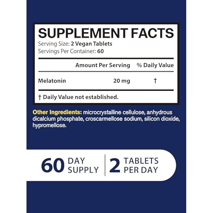 Vitacook Melatonin 20mg Vegan Tablets, Extra Strength Sleep Supplement, Non-Habit Forming, Support the Body’s Natural Sleep Cycle, 120 ct - Image 5
