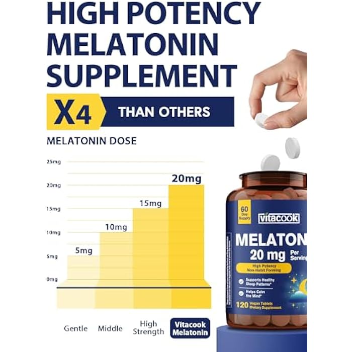 Vitacook Melatonin 20mg Vegan Tablets, Extra Strength Sleep Supplement, Non-Habit Forming, Support the Body’s Natural Sleep Cycle, 120 ct - Image 2