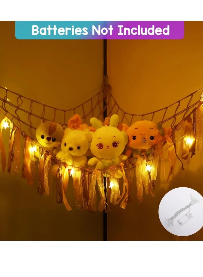 Stuffed Animal Net or Hammock with LED Light, Toy Hammock Hanging Stuffed Animal Storage Organizer Holder Room Décor with Tassels for Nursery Play Room Kids Bedroom - Image 3