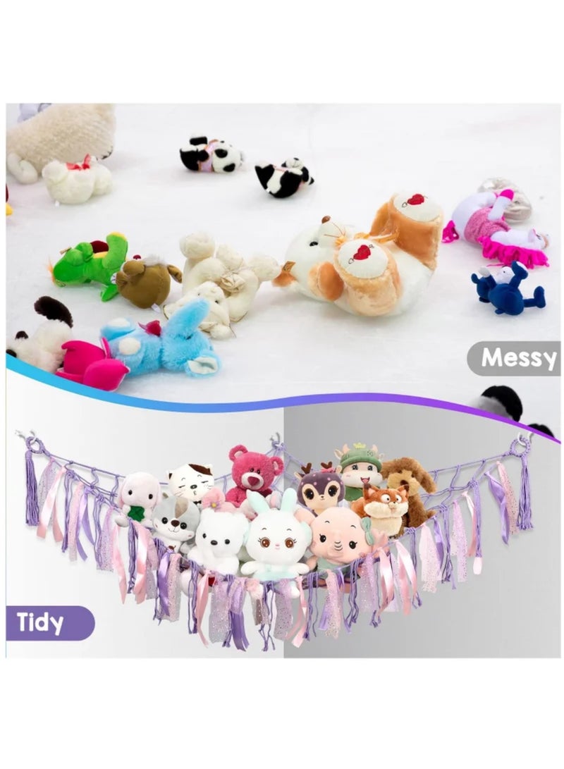 Stuffed Animal Net or Hammock with LED Light, Toy Hammock Hanging Stuffed Animal Storage Organizer Holder Room Décor with Tassels for Nursery Play Room Kids Bedroom - Image 2