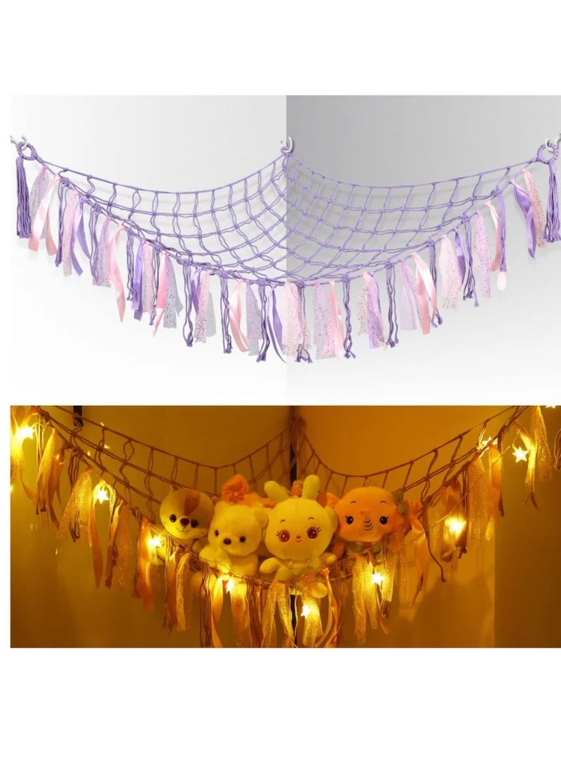 Stuffed Animal Net or Hammock with LED Light, Toy Hammock Hanging Stuffed Animal Storage Organizer Holder Room Décor with Tassels for Nursery Play Room Kids Bedroom - Image 1