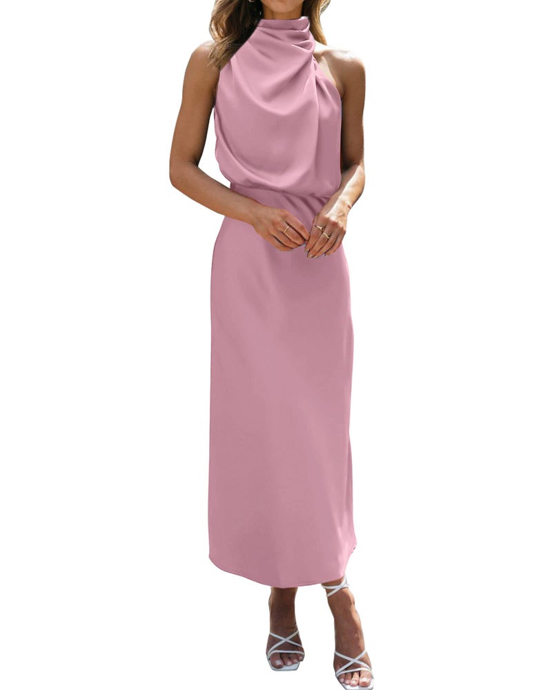 BTFBM Cocktail Dresses for Women Satin Silk Sleeveless Mock Neck High Waist Maxi Wedding Guest Dress Spring Clothes 2026(Dusty Pink, Medium) - Image 1