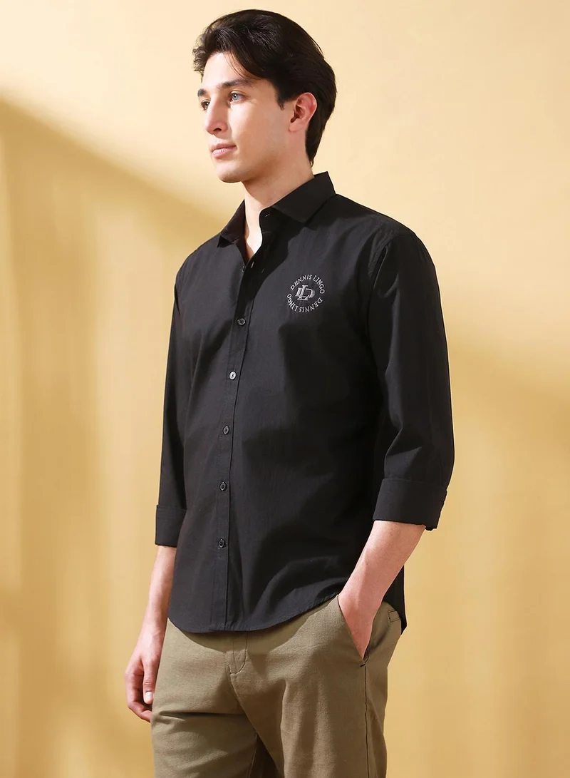 دينيس لينغو قميص رجالي أسود قطن سادة بأزرار مقاس عادي
