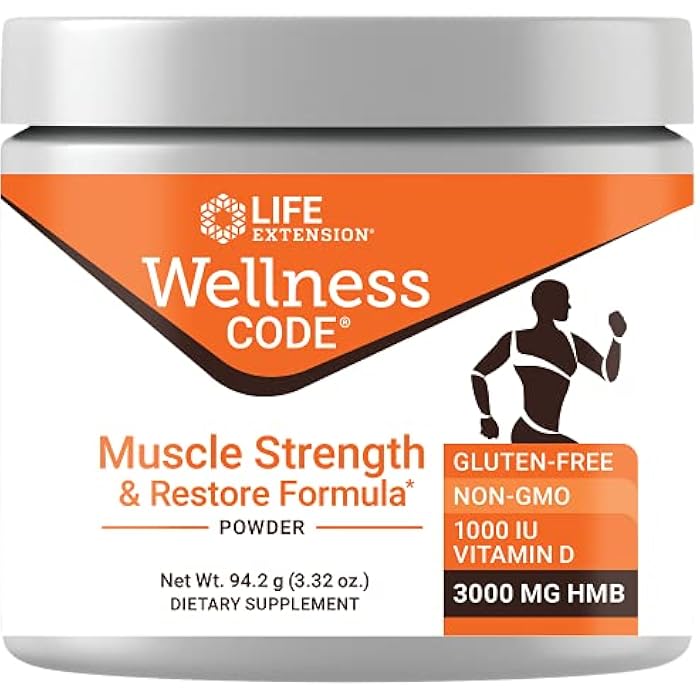 Life Extension Wellness Code® Muscle Strength & Restore Formula, Vitamin D3, ß-Hydroxy-ß-Methylbutyrate Monohydrate (HMB), Muscle Health, Gluten Free, Non-GMO, 94.2 g - Image 1