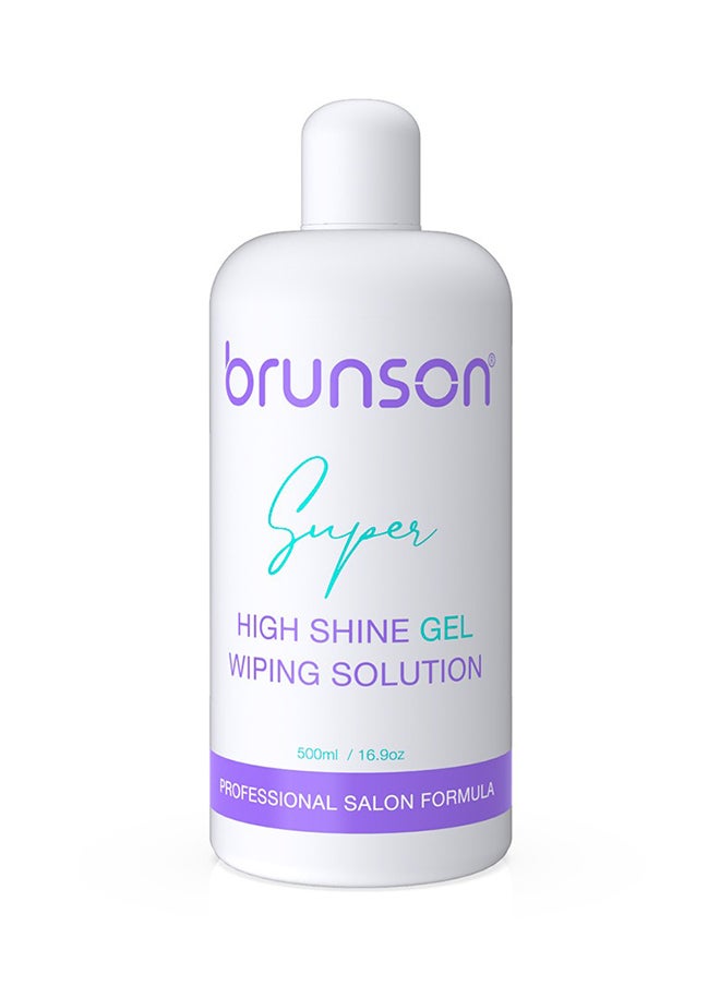 brunson Gel Nail Polish High Shine wiping solution removes tacky residue from gel polish, sculpting gel, poly gel, acrylic gel after application to leave a Manicure Pedicure  super gloss shine finish 500ml 