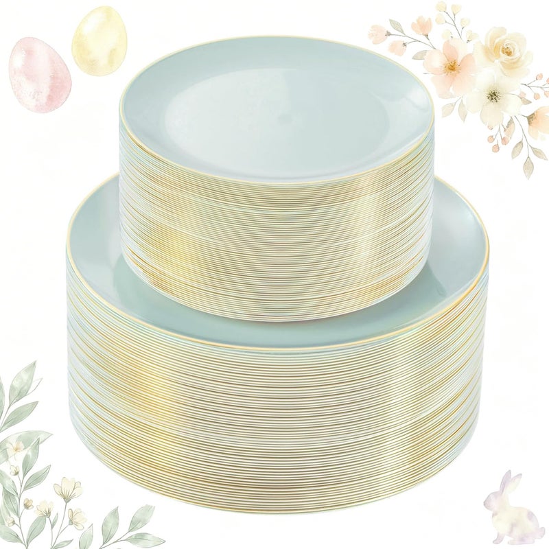 bUCLA 100PCS Green Plastic Plates - Sage Green Disposable with Gold Rim - Include 50 Pieces 10 inch Dinner & 50 Pieces 7 inch Dessert Plates, Ideal for Party, Easter, Daily Use & Spring - Image 1