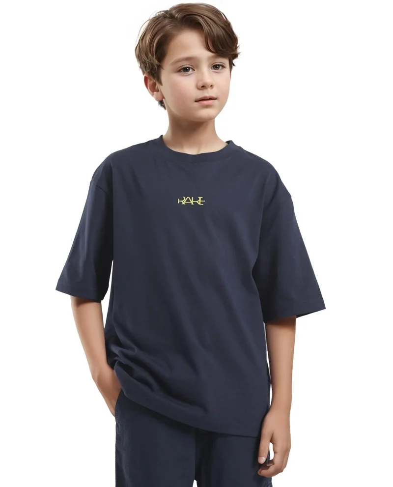 Rare Ones Rare Ones Kids Bany Navy Cotton Half Sleeves Crew Neck Oversized Fit Graphic Back Print T-Shirt