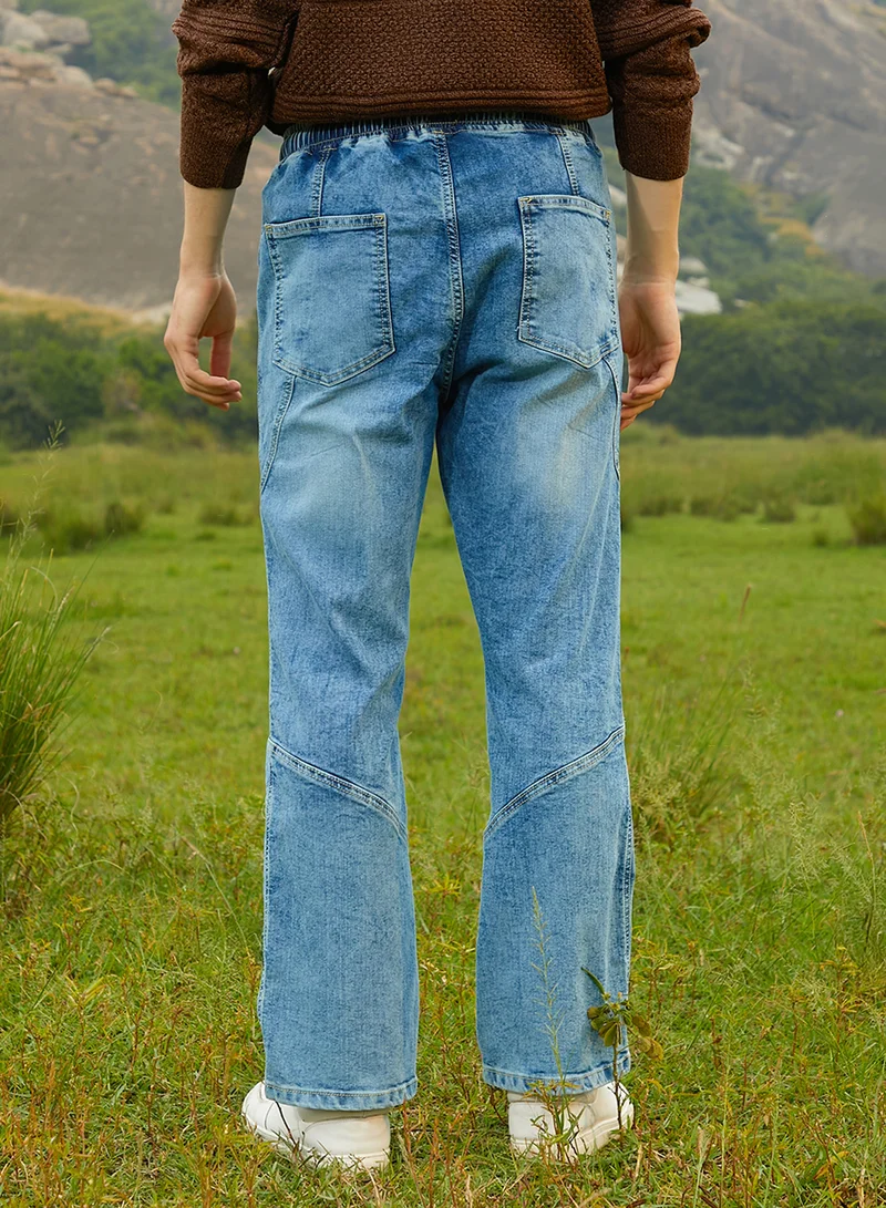 كامبوس سوترا Men's Light Blue Straight-Fit Patchwork Denim Jeans