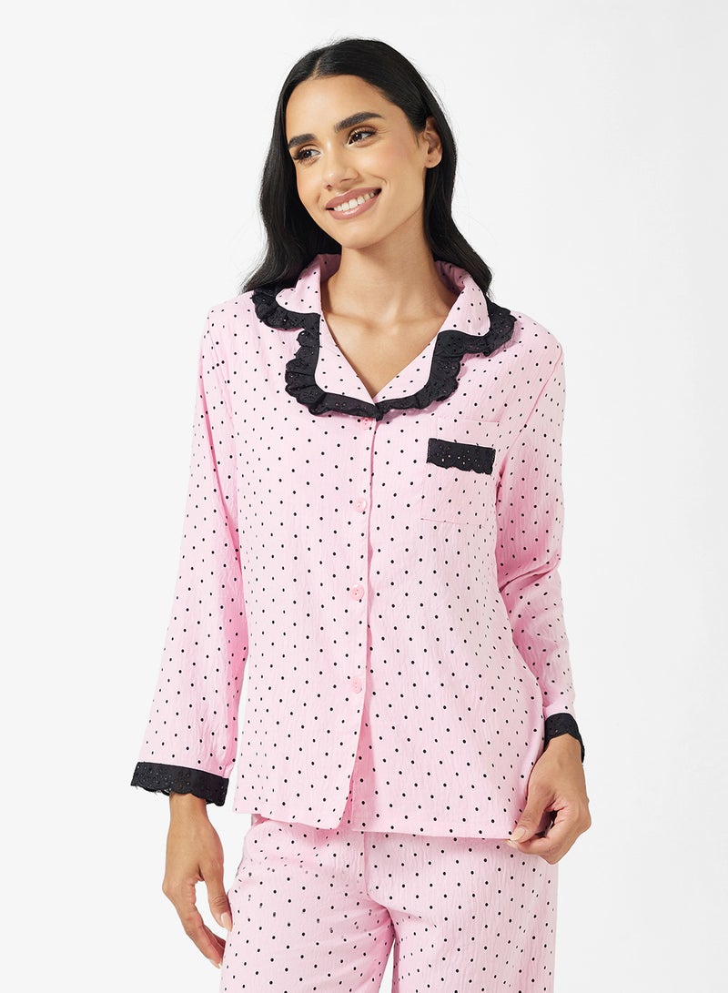 Ginger Button Up Polka Dot Shirt & Pyjama Set - Image 3