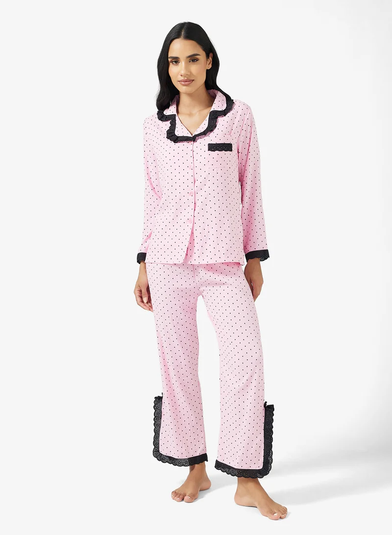 Ginger Button Up Polka Dot Shirt & Pyjama Set