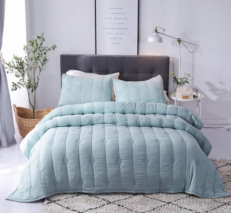 ANNA.Z HOME King Quilt Bedding Set - Light Weight Breathable Ultra-Soft, Allover Geometric Diamond Stitched Embroidery, Light Blue King Bedding Quilt Set for All Seasons (Cloud Blue, King Set) - Image 2