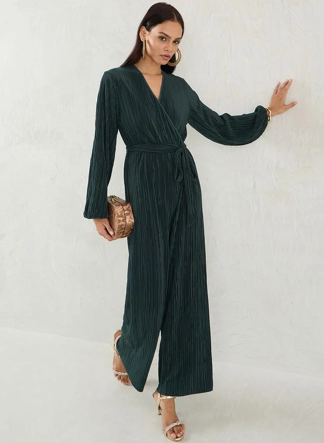 Femmella Femmella Solid Pleated Wrap Look Straight Leg Jumpsuit