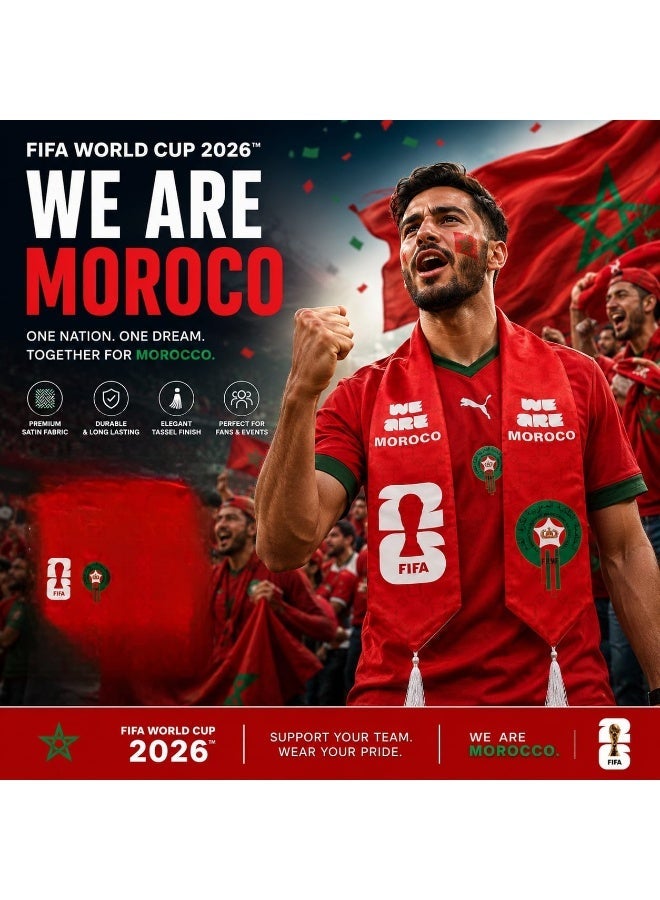 وشاح مشجعي كرة القدم المغربي 2026، أحمر اللون، بتصميم "نحن المغرب"، وشعار ملكي وشعار الفيفا، وشاح لمشجعي كأس العالم - Image 2