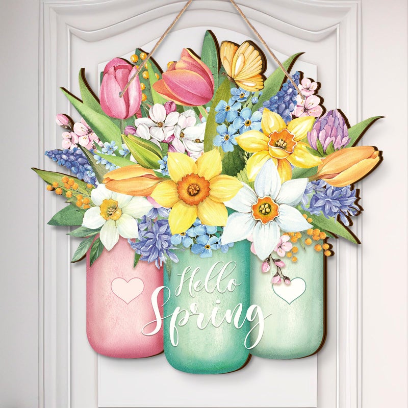 Ferraycle Spring Flower Door Sign Spring Decorations for Front Door Hello Spring Welcome Sign with Jar Colorful Wooden Spring Hanging Decorations for Home Indoor Outdoor Farmhouse Porch Decor