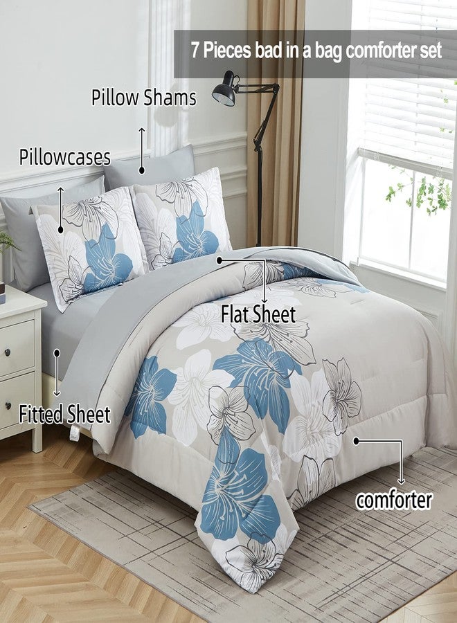 Luxudecor طقم لحاف لوكسوديكور مزخرف بالزهور بحجم كوين، لحاف مزخرف بالزهور باللون الأزرق وطقم شراشف، 7 قطع سرير في حقيبة، أقمشة ميكروفايبر ناعمة، أطقم سرير كاملة لجميع الفصول 90"×90" - Image 2