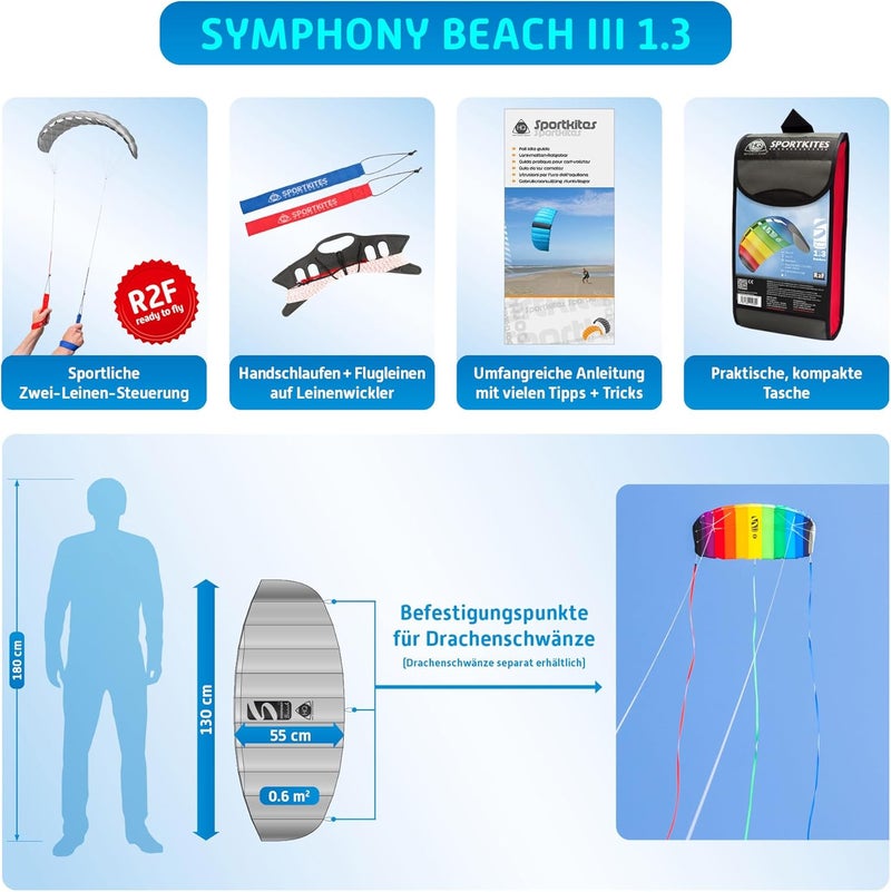 HQ Kites Symphony Beach III 1.3 Stunt Kite 51 Inch Dual - Line Sport Kite, Color: Rainbow - Active Outdoor Fun for Ages 8 and Up - Image 3