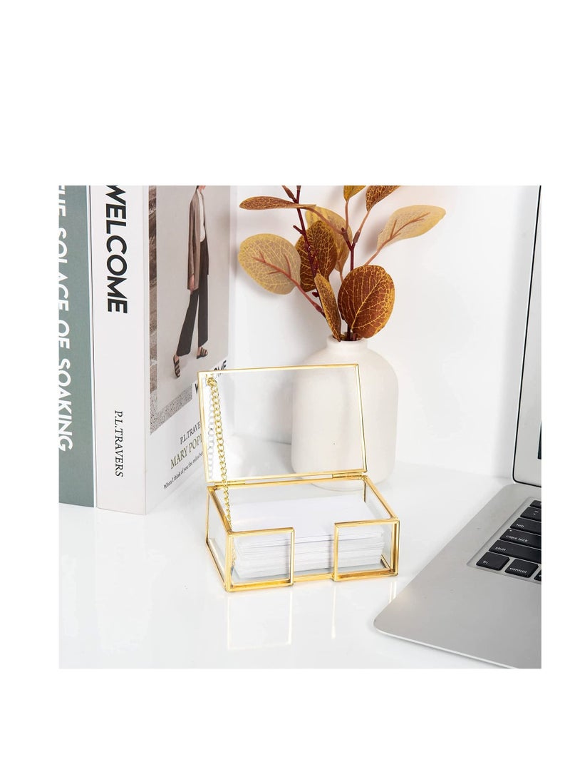 SYOSI Glass Business Card Holder, Gold Glass Business Card Box with Lid Name Card Display Holder Business Card Storage Box Clear Storage Containers Organizer for Office Desk Tabletop Countertop  - Image 2