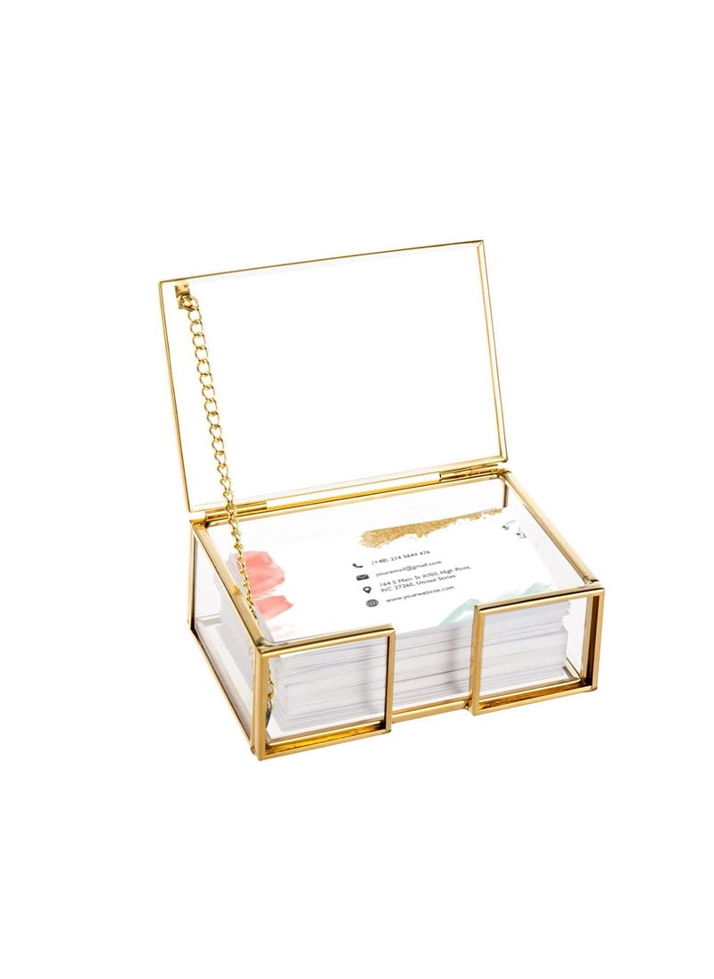 SYOSI Glass Business Card Holder, Gold Glass Business Card Box with Lid Name Card Display Holder Business Card Storage Box Clear Storage Containers Organizer for Office Desk Tabletop Countertop  - Image 1