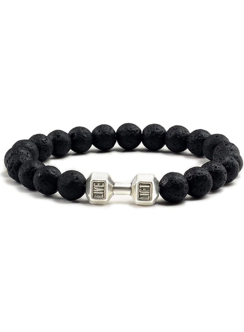 Julia Store Lava Beads Gym Bracelets for Men - 8mm Matte Rock Natural Stone, Men Stretch Bracelet Bead Bracelet Alloy Dumbbell Bracelet, Beaded Jewelry Elastic Bracelet - Image 1