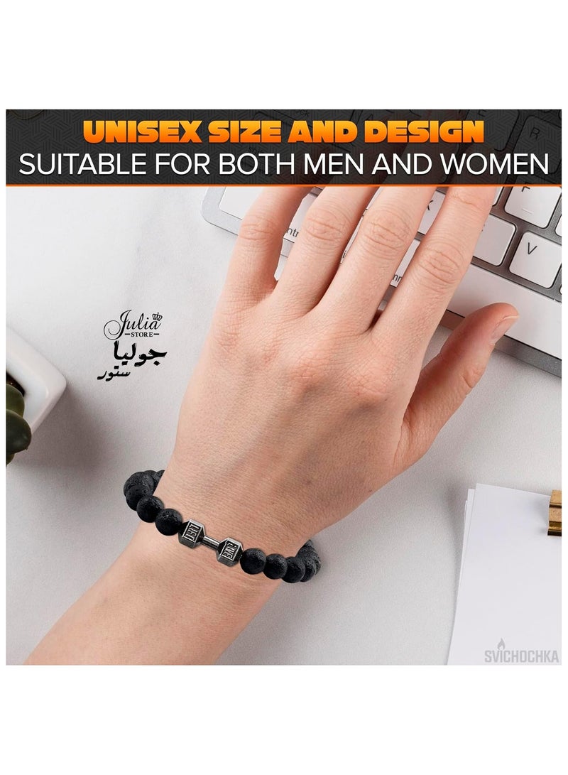 Julia Store Lava Beads Gym Bracelets for Men - 8mm Matte Rock Natural Stone, Men Stretch Bracelet Bead Bracelet Alloy Dumbbell Bracelet, Beaded Jewelry Elastic Bracelet - Image 2