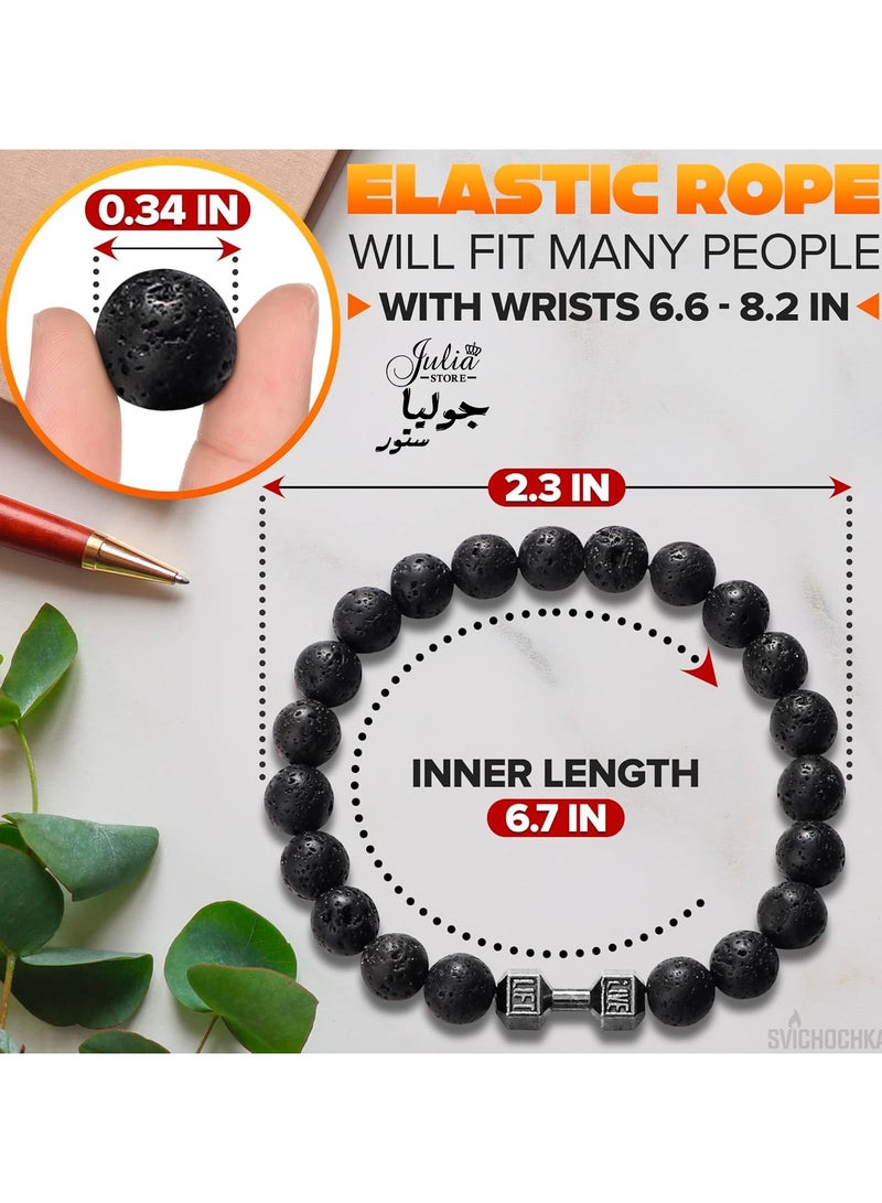 Julia Store Lava Beads Gym Bracelets for Men - 8mm Matte Rock Natural Stone, Men Stretch Bracelet Bead Bracelet Alloy Dumbbell Bracelet, Beaded Jewelry Elastic Bracelet - Image 3