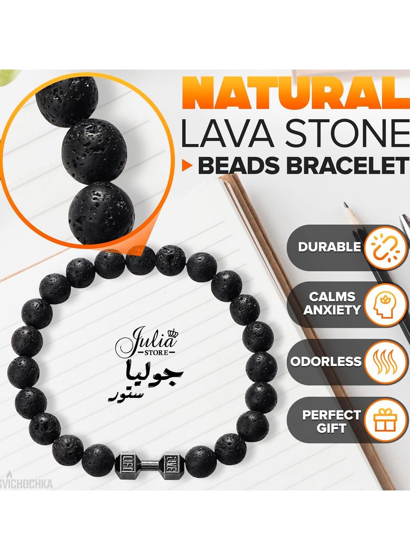 Julia Store Lava Beads Gym Bracelets for Men - 8mm Matte Rock Natural Stone, Men Stretch Bracelet Bead Bracelet Alloy Dumbbell Bracelet, Beaded Jewelry Elastic Bracelet - Image 4