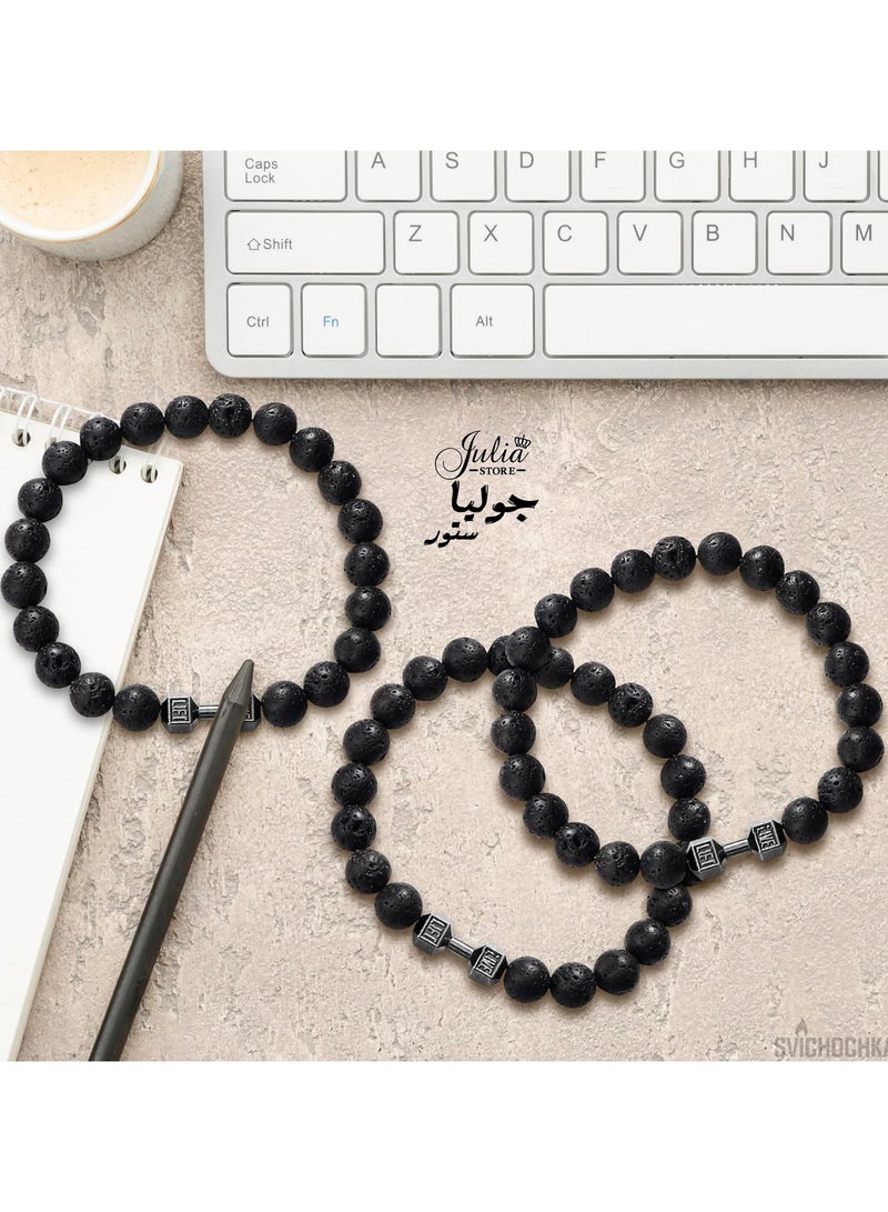 Julia Store Lava Beads Gym Bracelets for Men - 8mm Matte Rock Natural Stone, Men Stretch Bracelet Bead Bracelet Alloy Dumbbell Bracelet, Beaded Jewelry Elastic Bracelet - Image 5