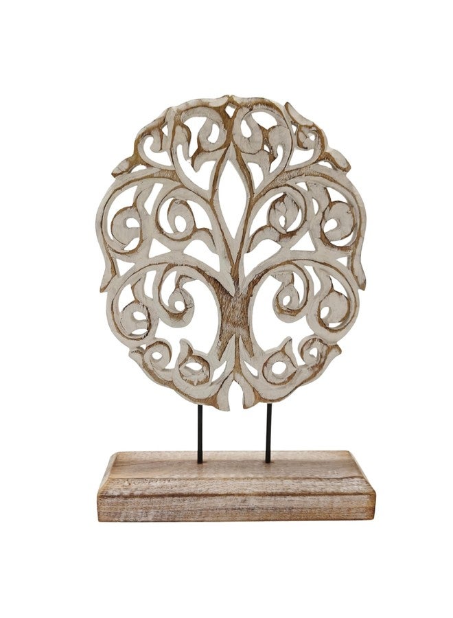VANIYA CRAFTS منحوتة شجرة الحياة من الخشب الصلب من VANIYA CRAFTS® - ديكور منزلي مصنوع يدويًا لغرفة المعيشة، أو الرف، أو المدفأة، أو المدخل، أو طاولة القهوة، أو كهدية لتدفئة المنزل (أبيض عتيق) - Image 1