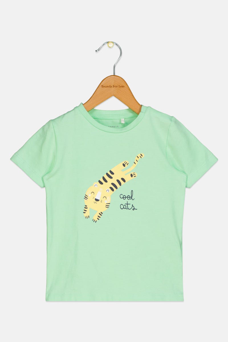NAME IT تي شيرت قصير الأكمام للأولاد الصغار، مطبوع برسومات، أخضر - Image 1