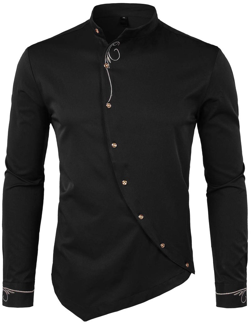 ZEROYAA Mens Hipster Irregular Hem Slim Fit Long Sleeve Mandarin Collar Dress Shirts with Embroidery ZHCL51-Black Large - Image 1