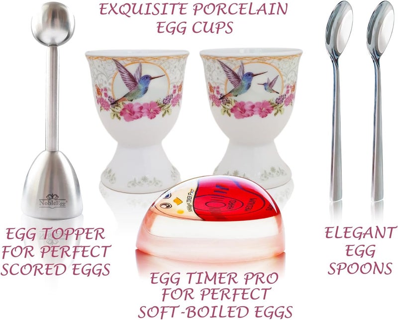 NobleEgg Boiled Egg Cups Topper Set | All-Inclusive Set | Egg Cups for Soft Boiled Eggs + Egg Timer Pro + Egg Spoons + Egg Topper Cracker + Gift Storage Box | Vintage Victorian Style | Set for 2 - Image 2