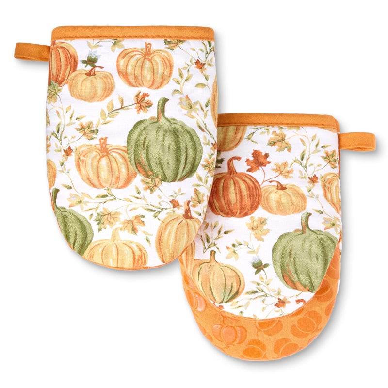 MARTHA STEWART Autumn Harvest Pumpkins Mini Oven Mitt 2Pack Set 100 Cotton with Decorative NonSlip Silicone Grip Heat Resistant OrangeGreenIvory 55X8