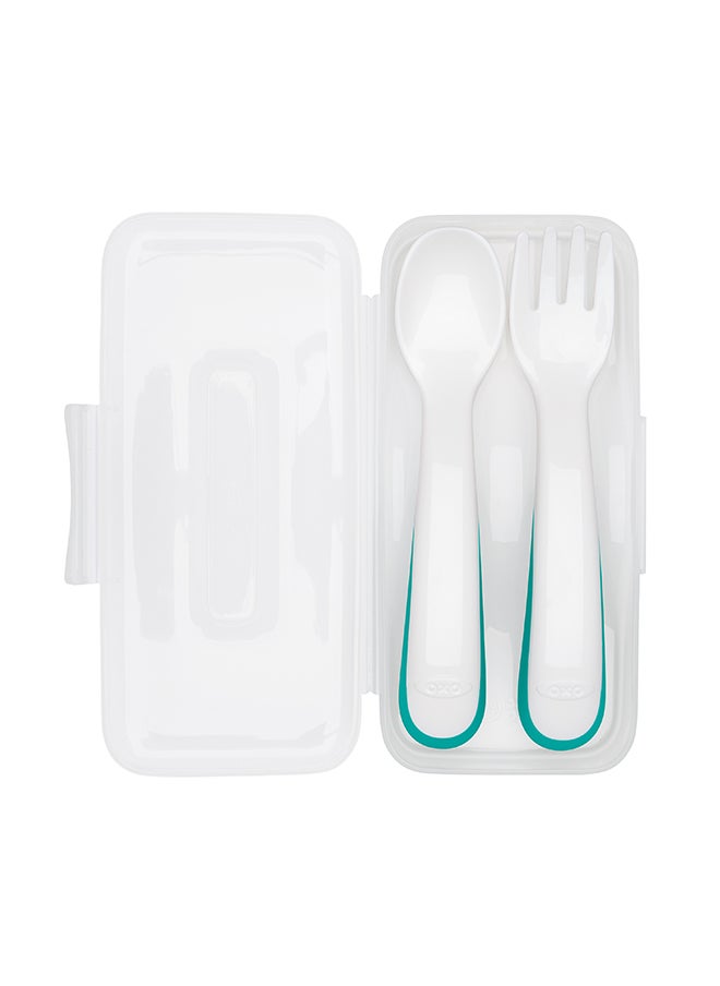 OXO TOT - On-The-Go Plastic Fork & Spoon Set With Travel Case - Teal - Image 1