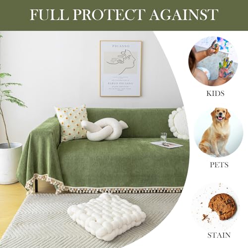 HANDONTIME Green Sofa Cover Vintage Couch Cover for Dogs 71" X134" Couch Cushion Covers with Tassel Herringbone Sofa Cover Boho Sofa Covers for 3 Cushion Couch Chenille Soft Loveseat Sofa Covers - Image 4