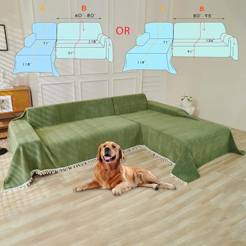 HANDONTIME Green Sofa Cover Vintage Couch Cover for Dogs 71" X134" Couch Cushion Covers with Tassel Herringbone Sofa Cover Boho Sofa Covers for 3 Cushion Couch Chenille Soft Loveseat Sofa Covers - Image 3