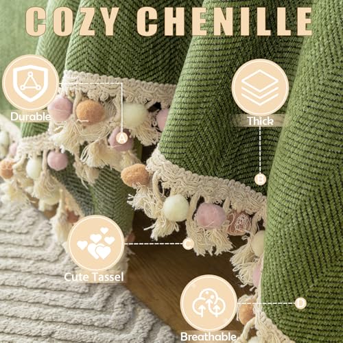 HANDONTIME Green Sofa Cover Vintage Couch Cover for Dogs 71" X134" Couch Cushion Covers with Tassel Herringbone Sofa Cover Boho Sofa Covers for 3 Cushion Couch Chenille Soft Loveseat Sofa Covers - Image 2